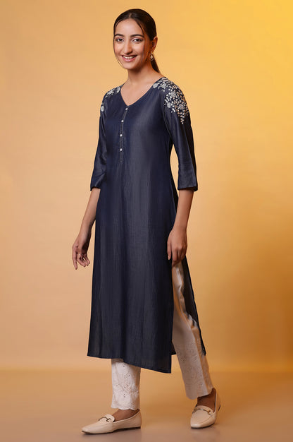 Blue Denim Floral Embroidered Kurta