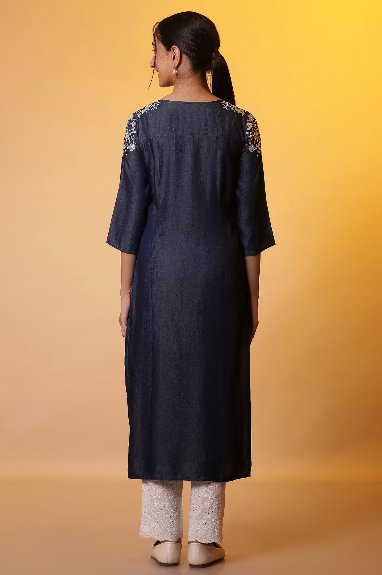 Blue Denim Floral Embroidered Kurta