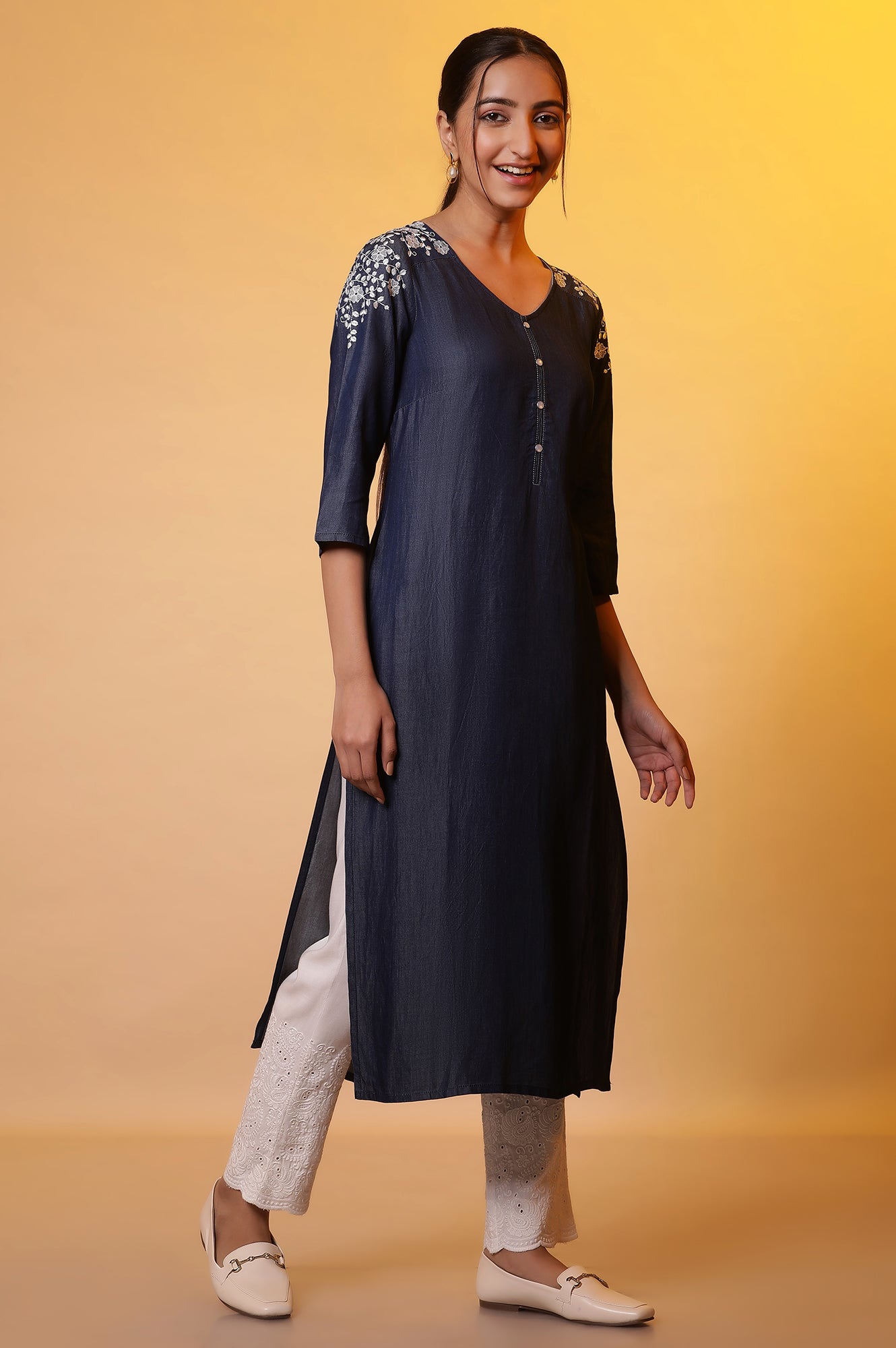 Blue Denim Floral Embroidered Kurta