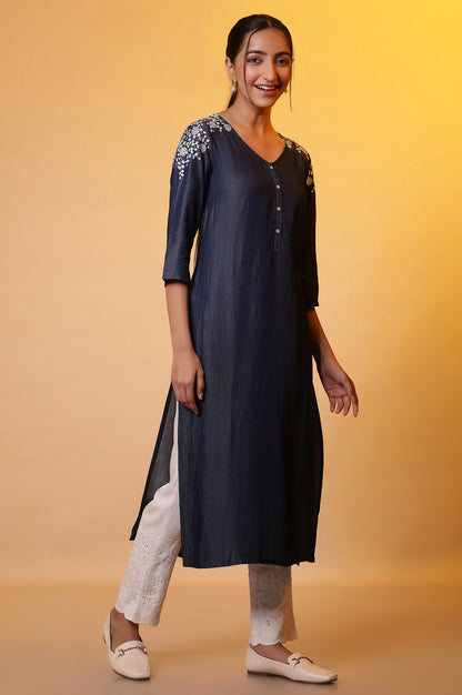 Blue Denim Floral Embroidered Kurta