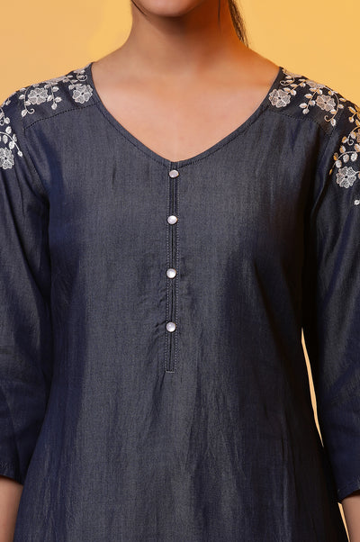 Blue Denim Floral Embroidered Kurta