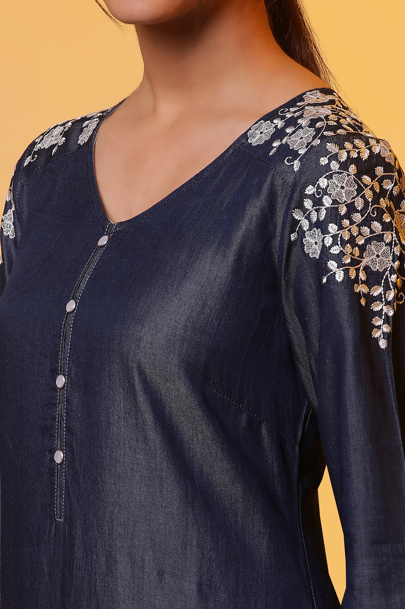 Blue Denim Floral Embroidered Kurta