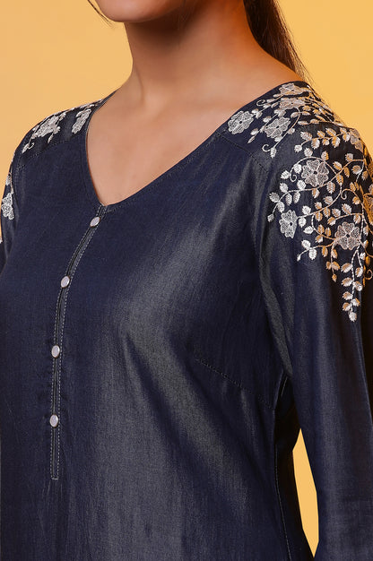 Blue Denim Floral Embroidered Kurta