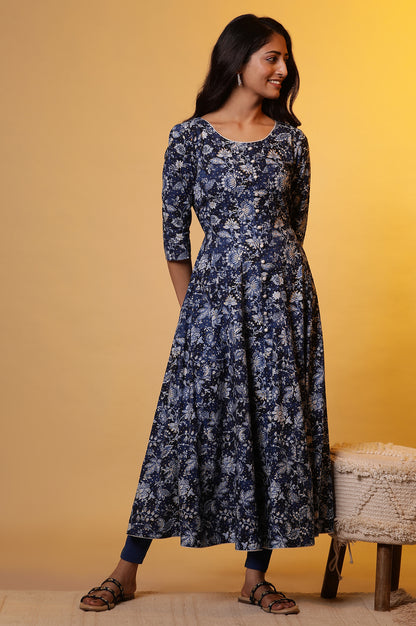 Blue Floral Printed Anarkali Kurta