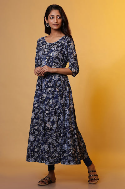 Blue Floral Printed Anarkali Kurta