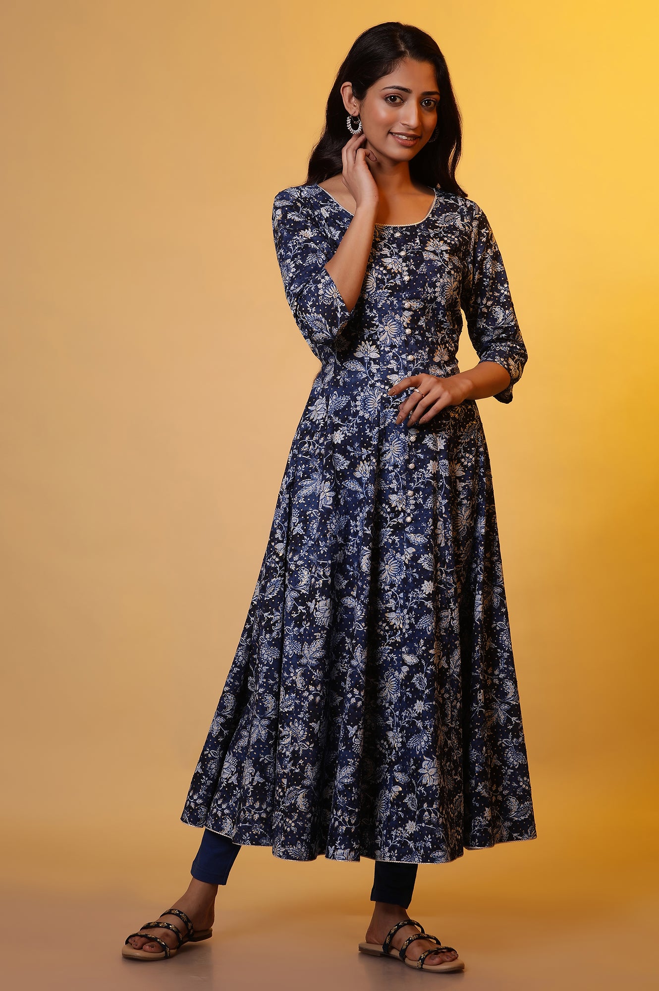 Blue Floral Printed Anarkali Kurta