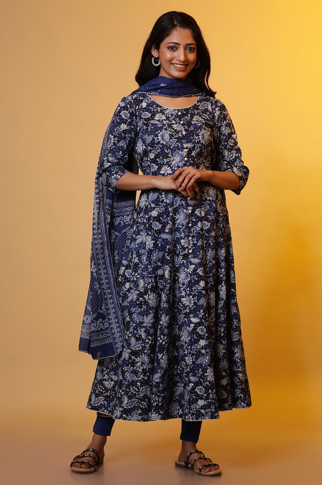 Blue Floral Printed Anarkali Kurta