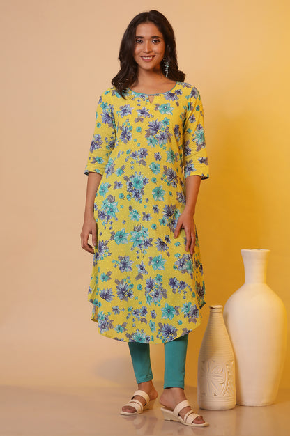 Green Floral Printed Asymmetrical Kurta