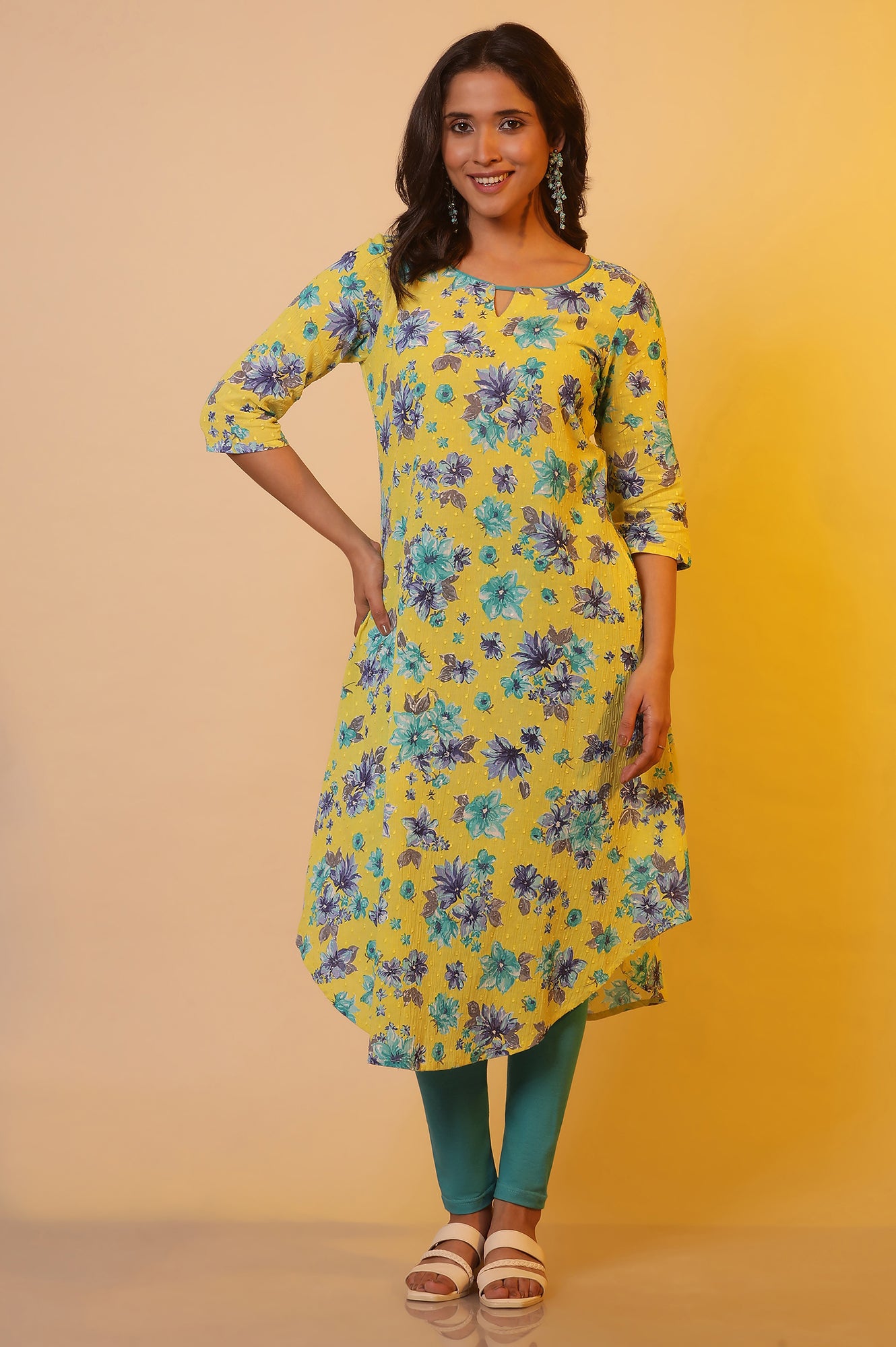 Green Floral Printed Asymmetrical Kurta