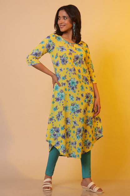 Green Floral Printed Asymmetrical Kurta