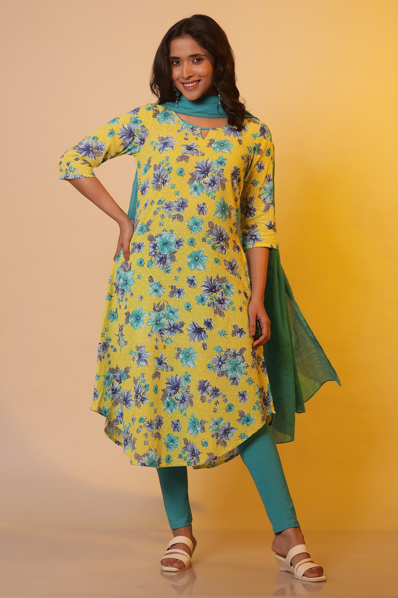 Green Floral Printed Asymmetrical Kurta