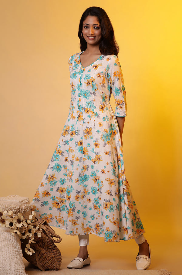 White Flared Floral Printed Kurta