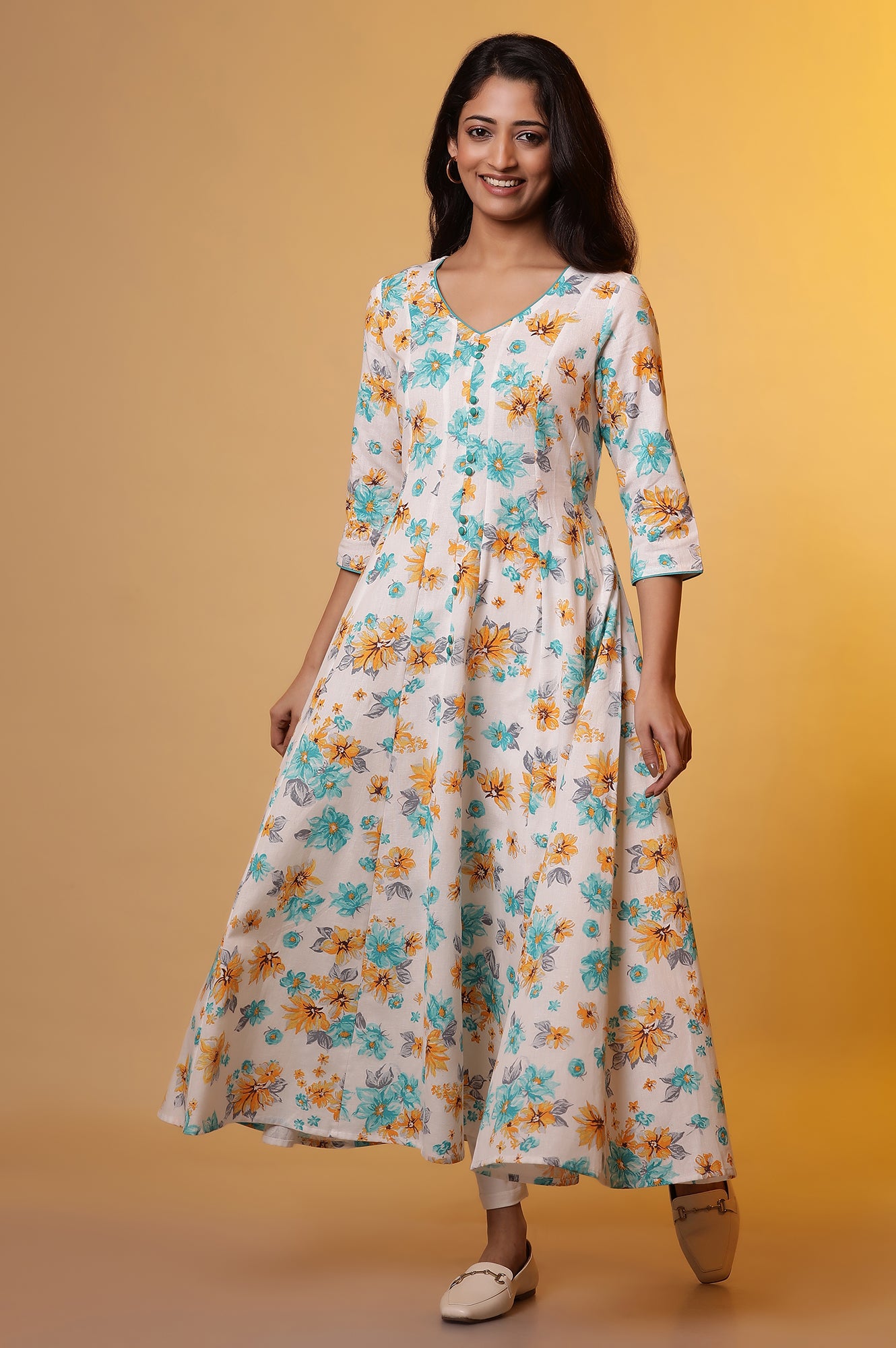 White Flared Floral Printed Kurta