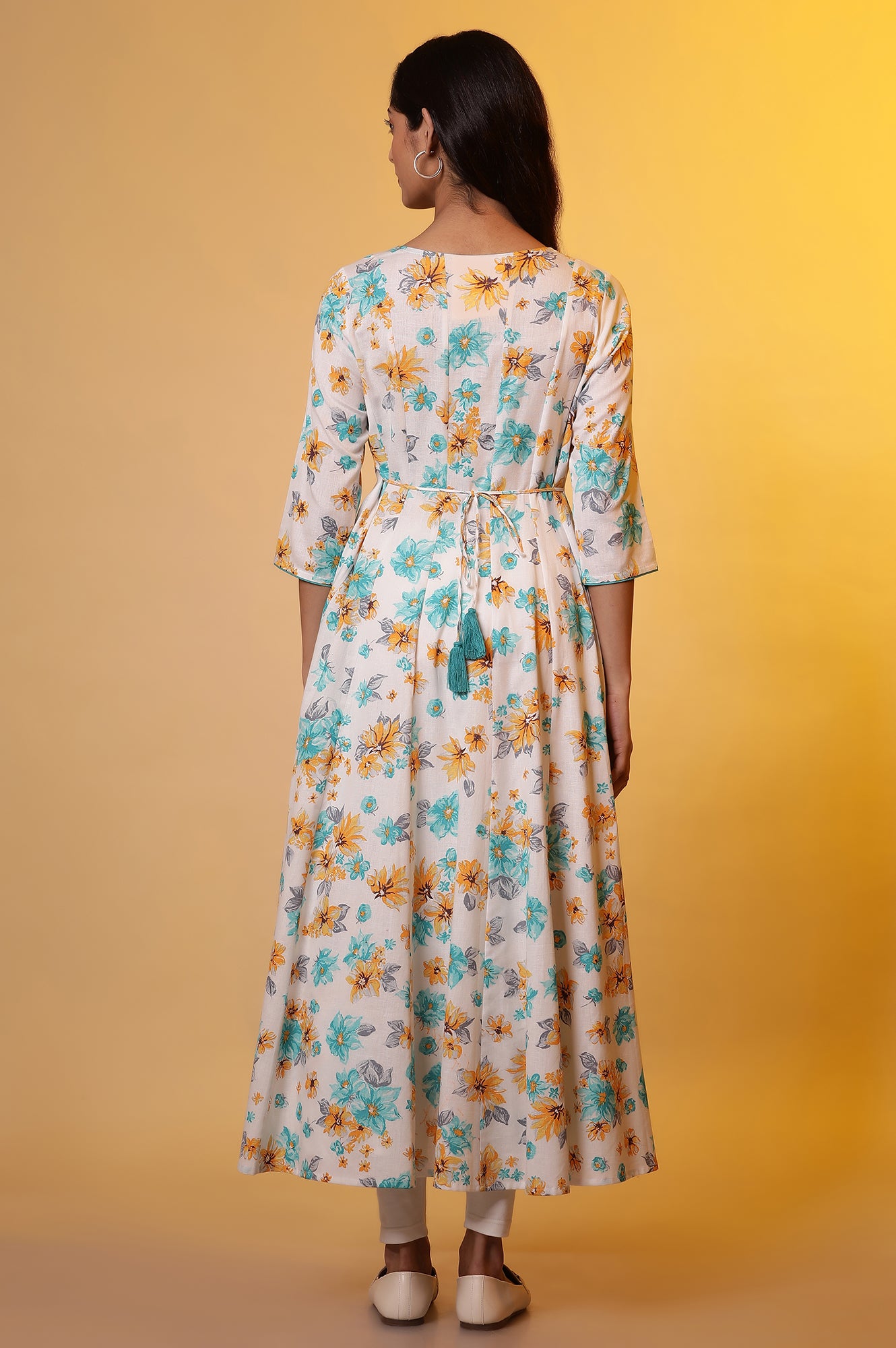 White Flared Floral Printed Kurta