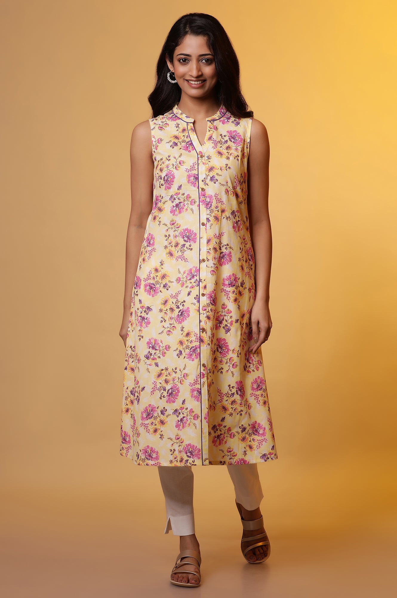 Yellow Sleeveless Floral Printed Kurta