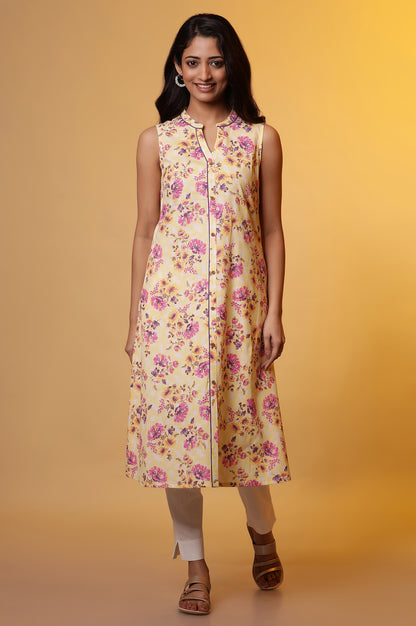 Yellow Sleeveless Floral Printed Kurta