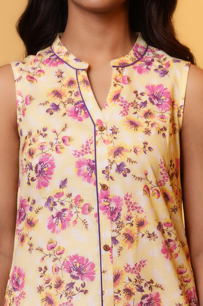 Yellow Sleeveless Floral Printed Kurta