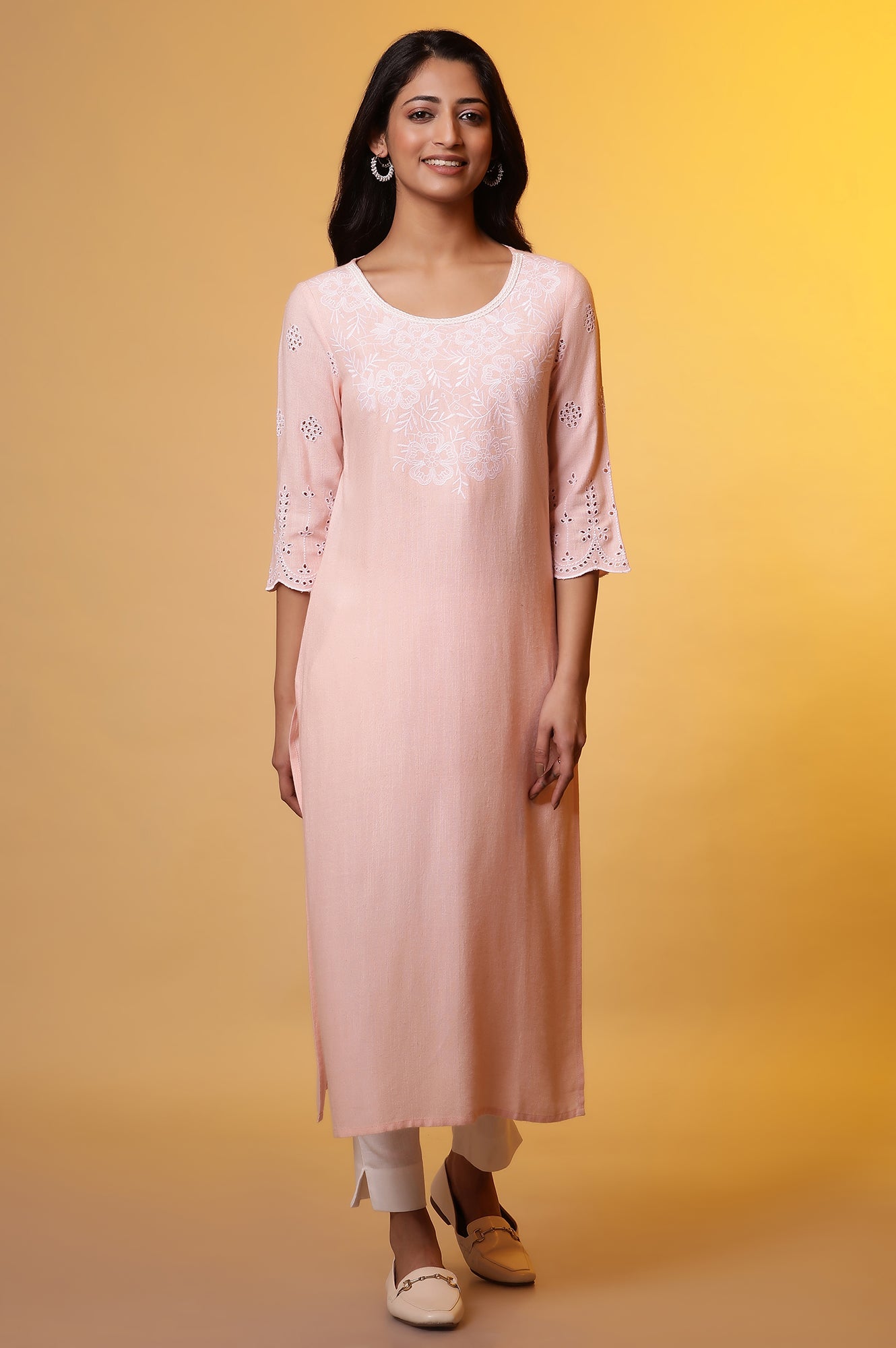 Pastel Pink Embroidered Schiffli Kurta