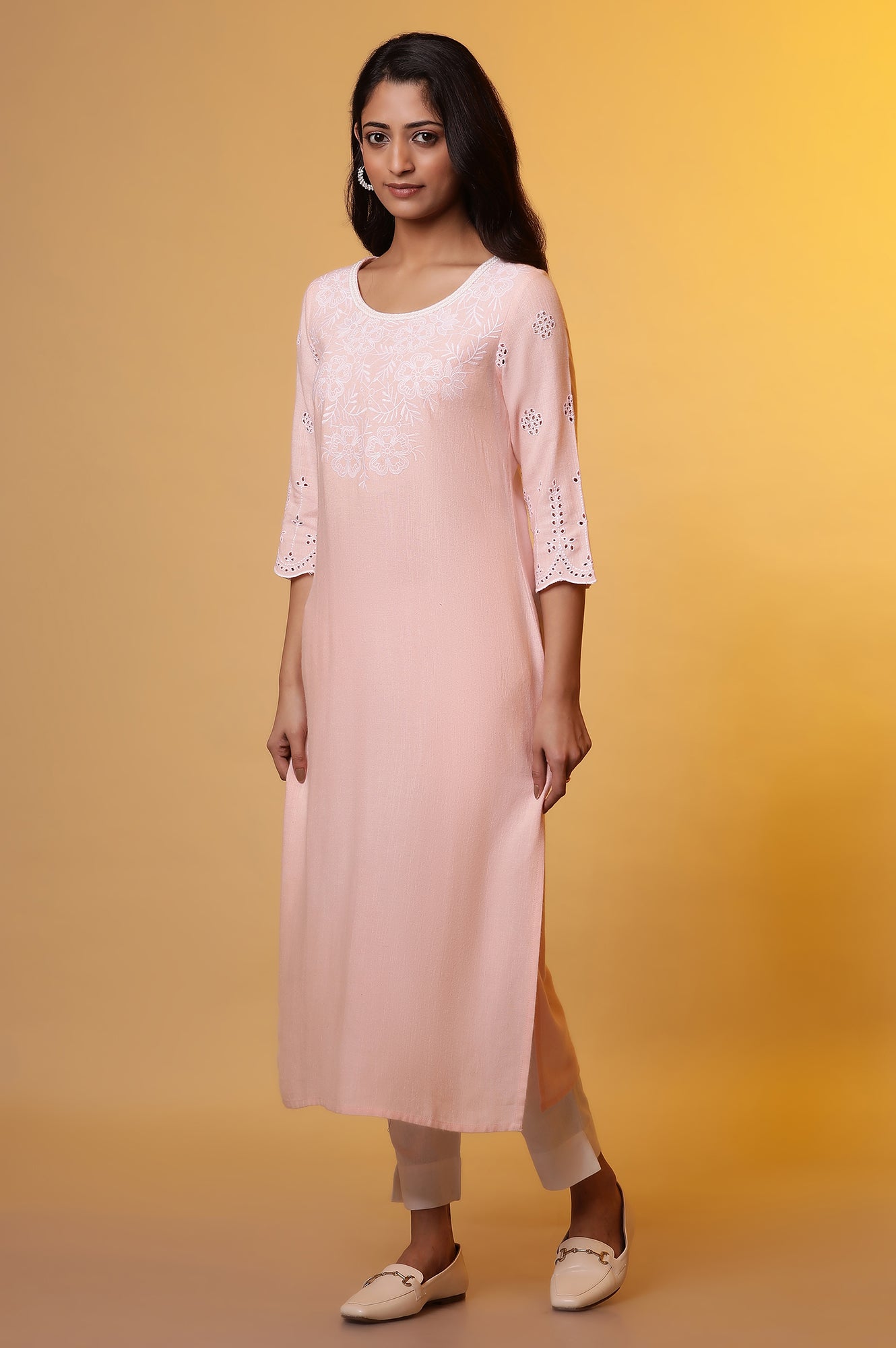 Pastel Pink Embroidered Schiffli Kurta