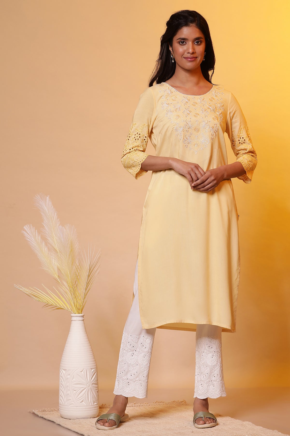Yellow Embroidered Yoke Kurta - S