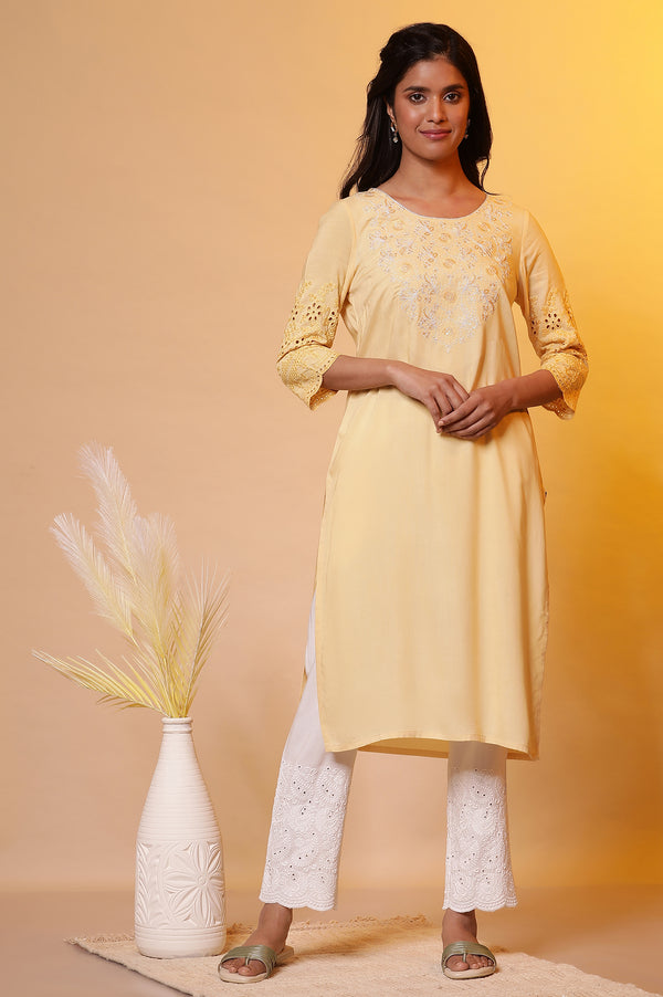 Yellow Embroidered Yoke Kurta