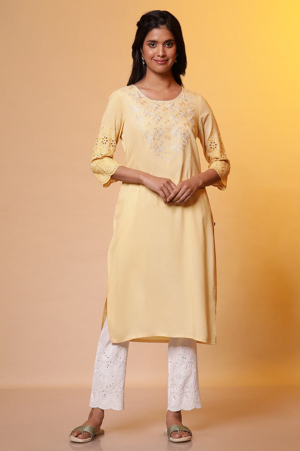 Yellow Embroidered Yoke Kurta