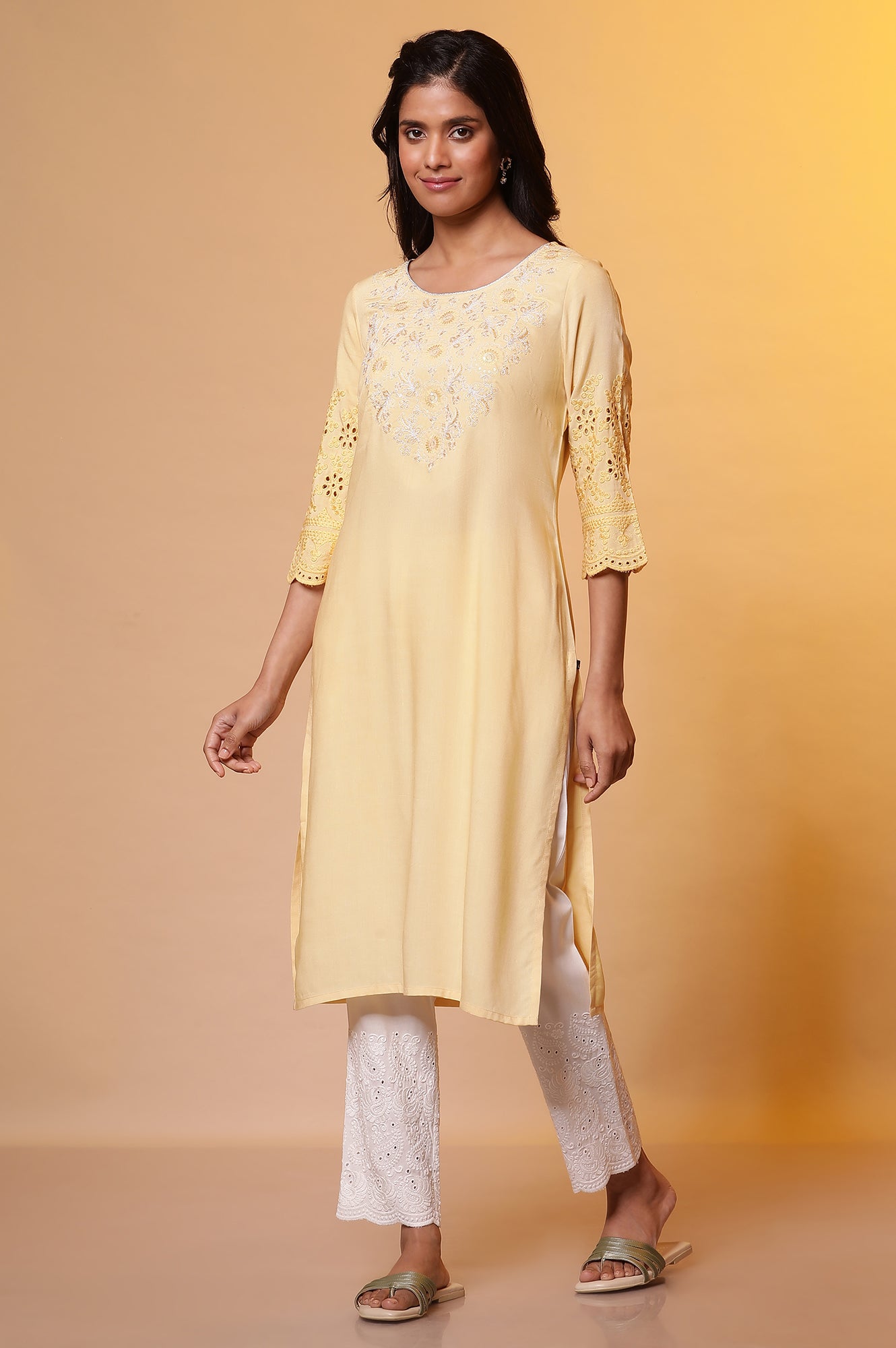 Yellow Embroidered Yoke Kurta