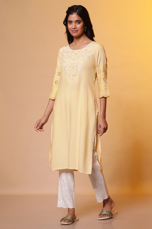 Yellow Embroidered Yoke Kurta