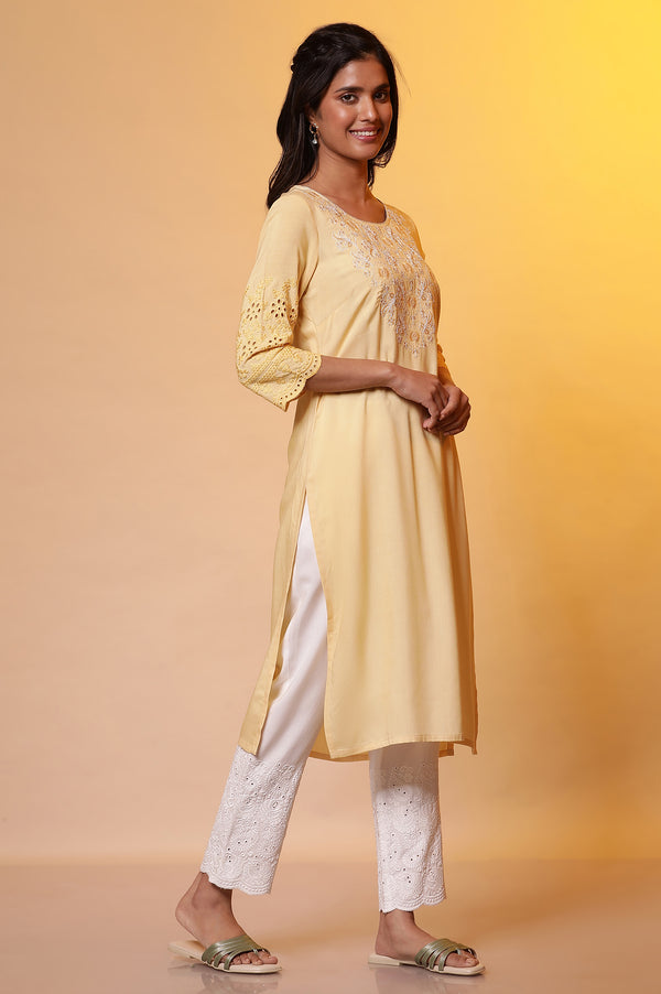 Yellow Embroidered Yoke Kurta