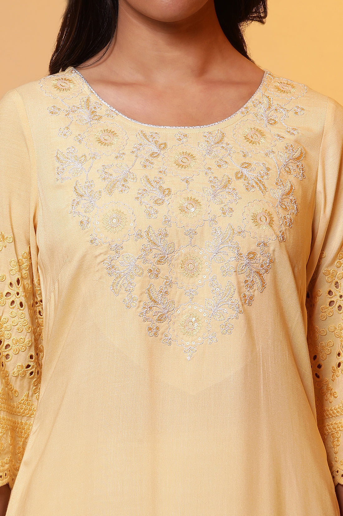 Yellow Embroidered Yoke Kurta