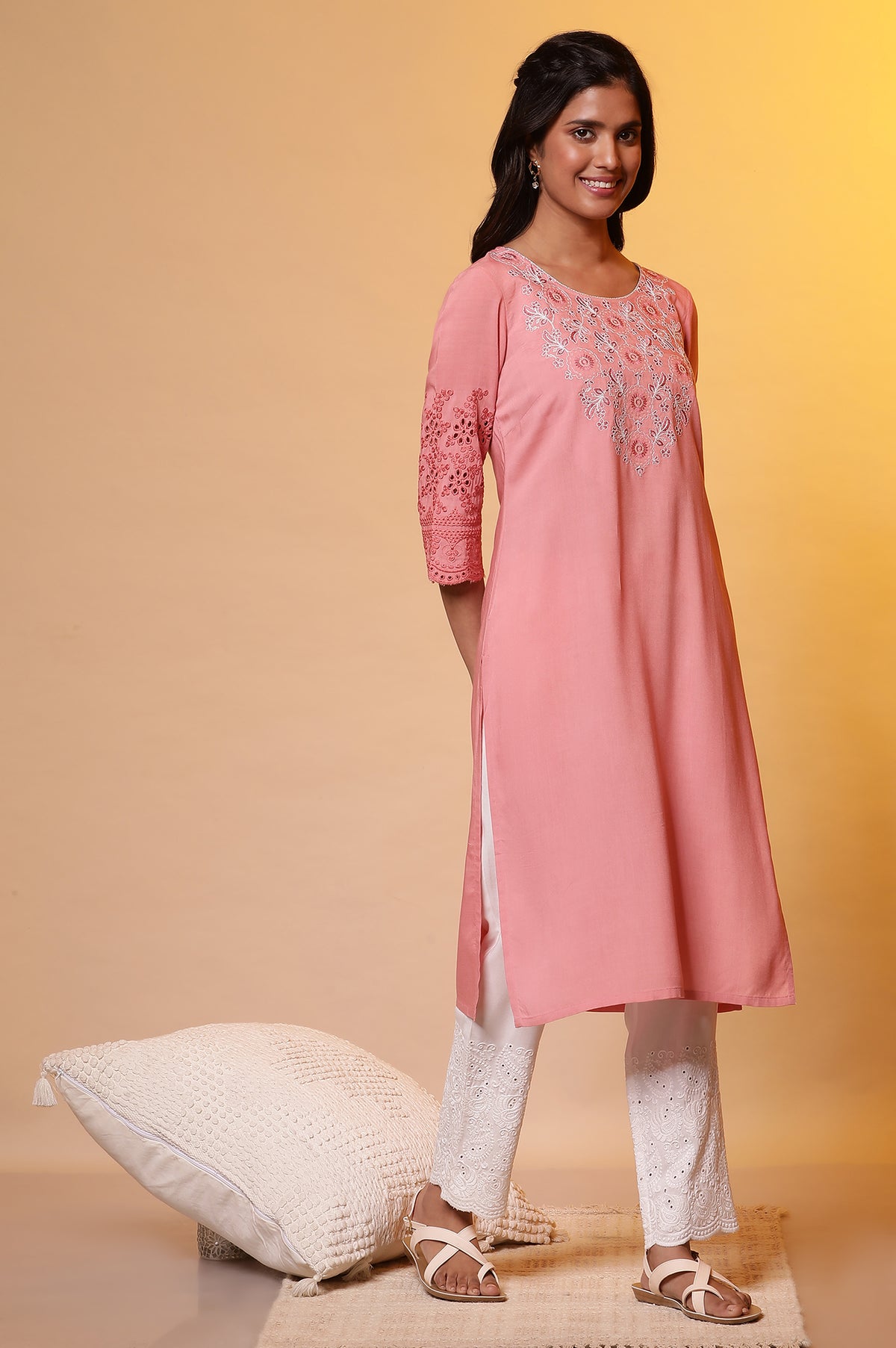 Peach Pink Embroidered Yoke Kurta - XS