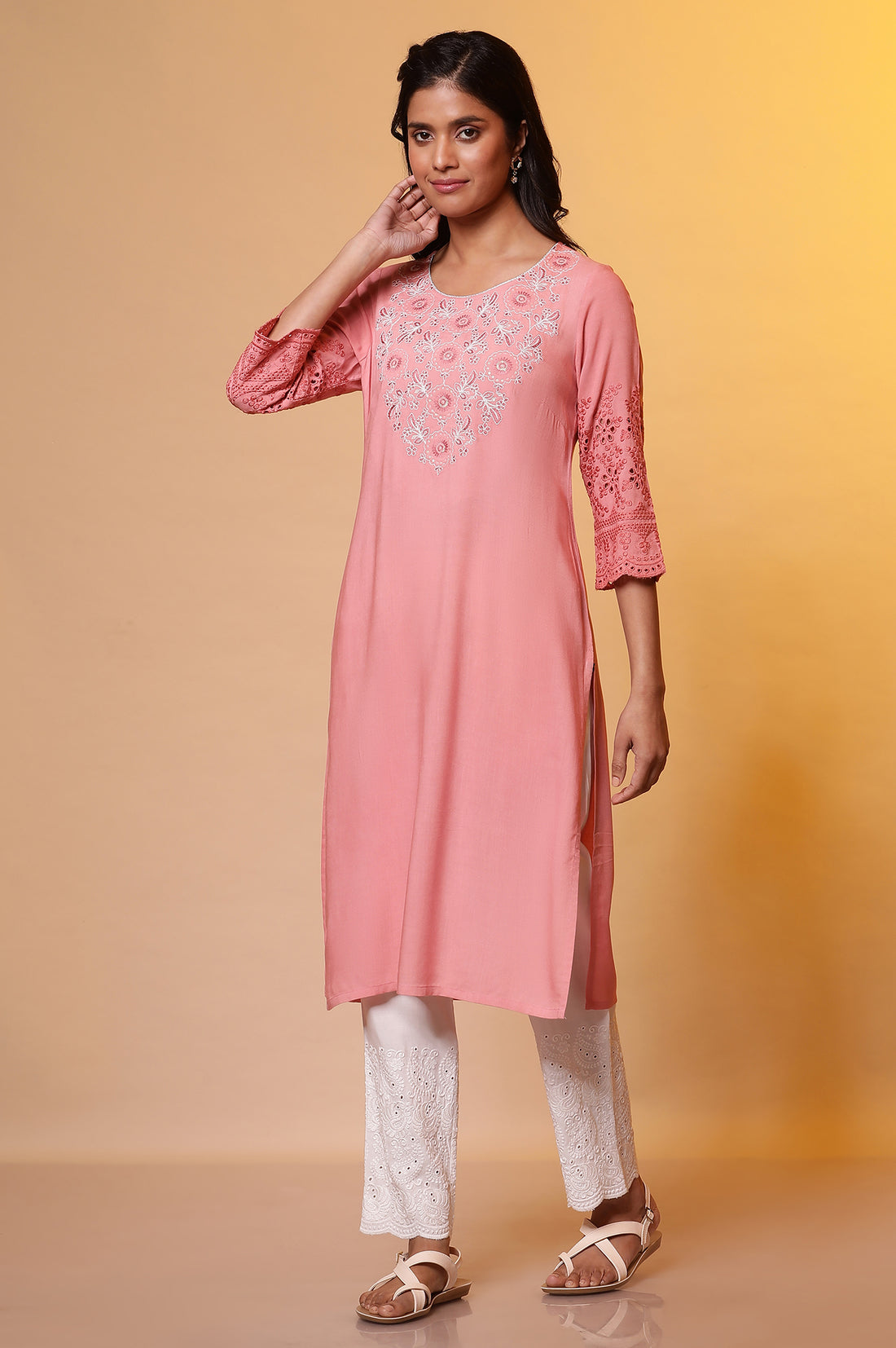 Peach Pink Embroidered Yoke Kurta