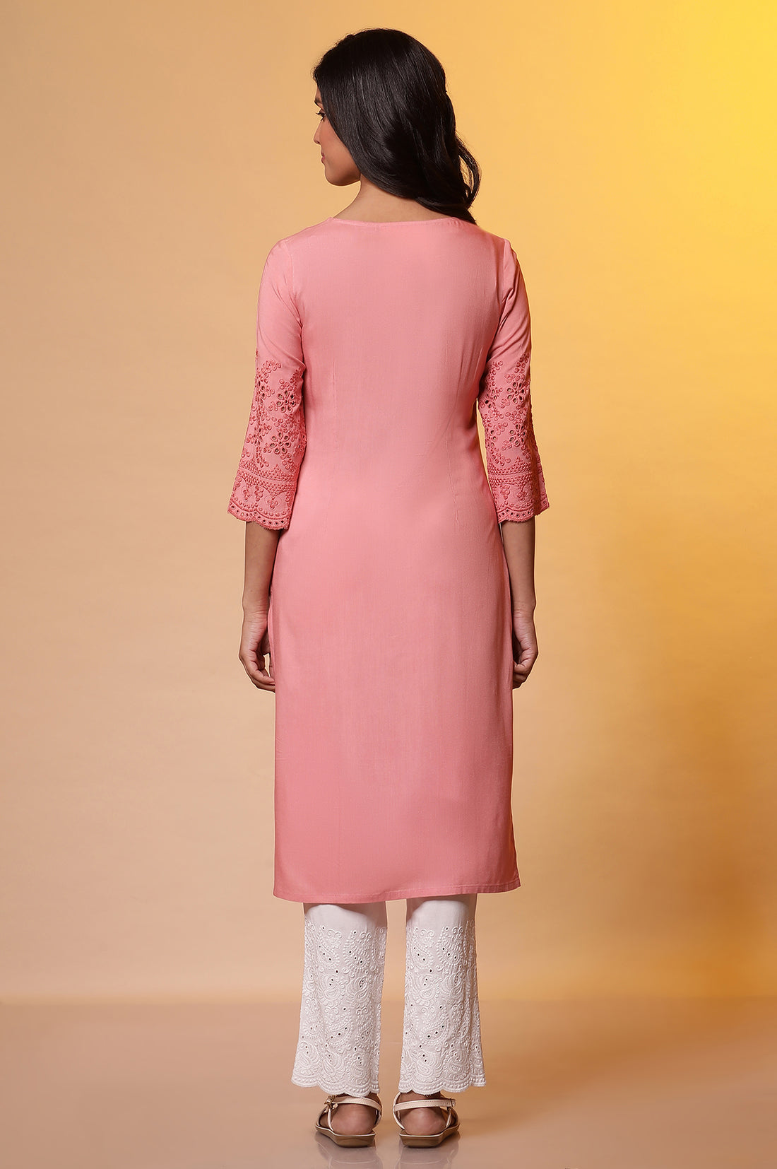 Peach Pink Embroidered Yoke Kurta
