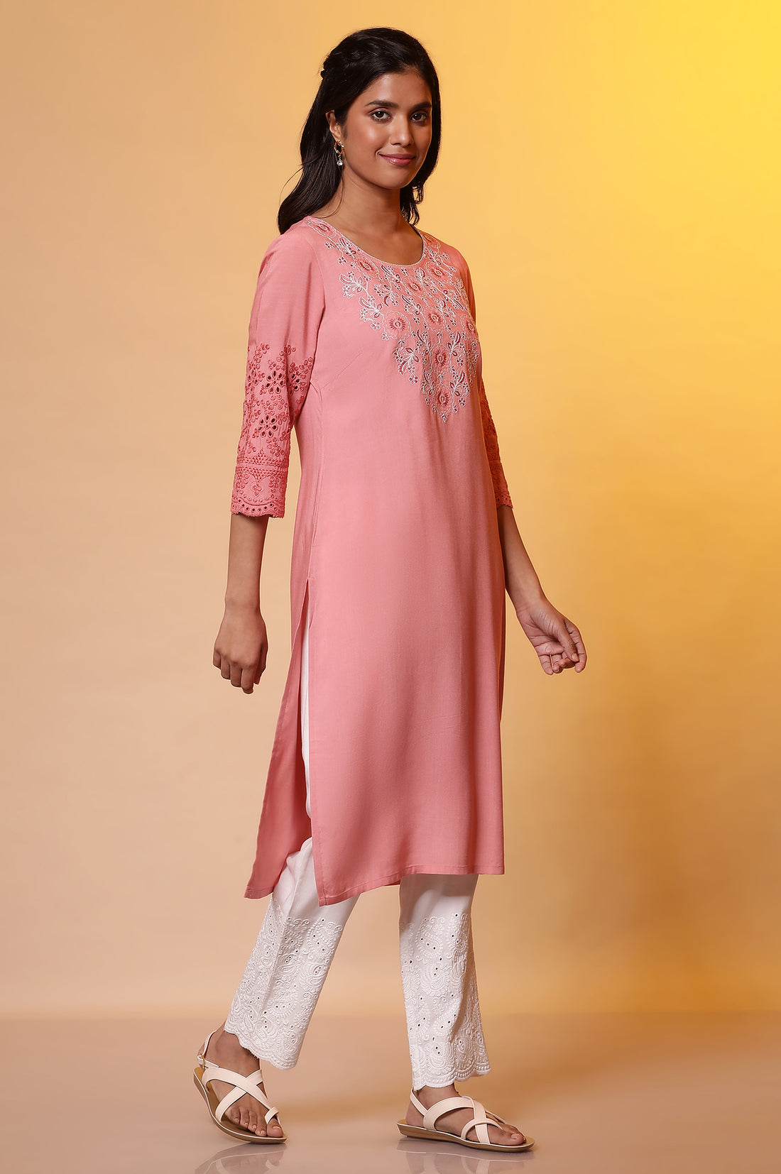 Peach Pink Embroidered Yoke Kurta