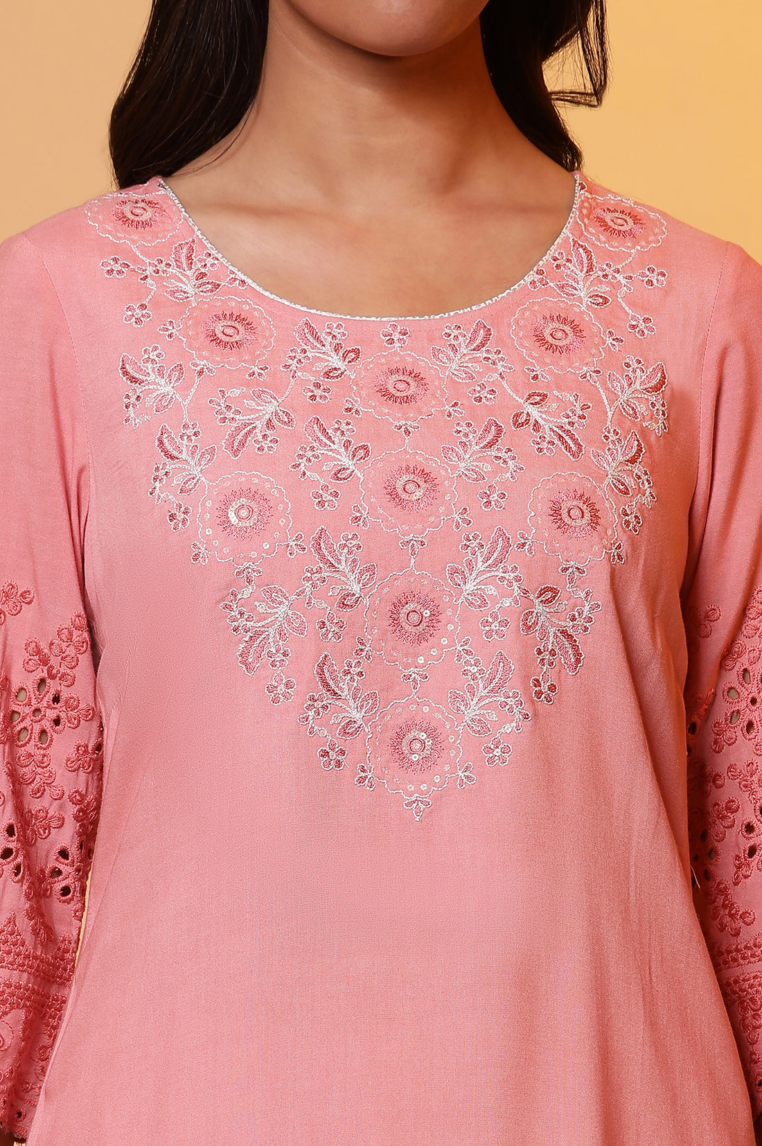 Peach Pink Embroidered Yoke Kurta
