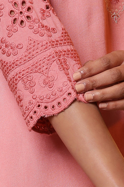 Peach Pink Embroidered Yoke Kurta