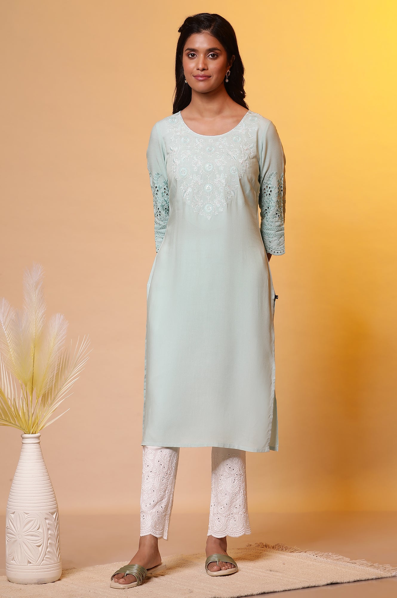 Mint Blue Embroidered Yoke Kurta