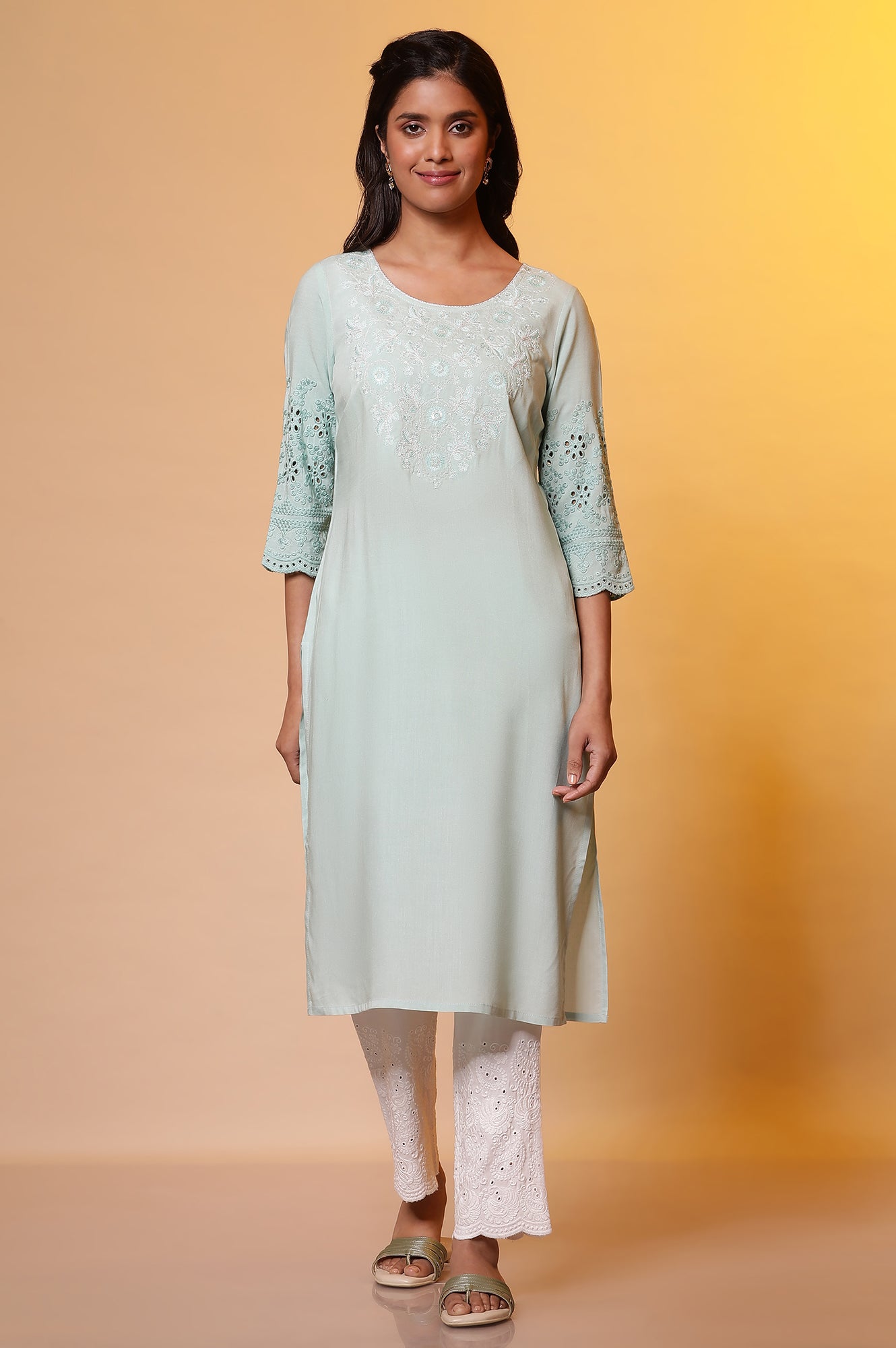 Mint Blue Embroidered Yoke Kurta