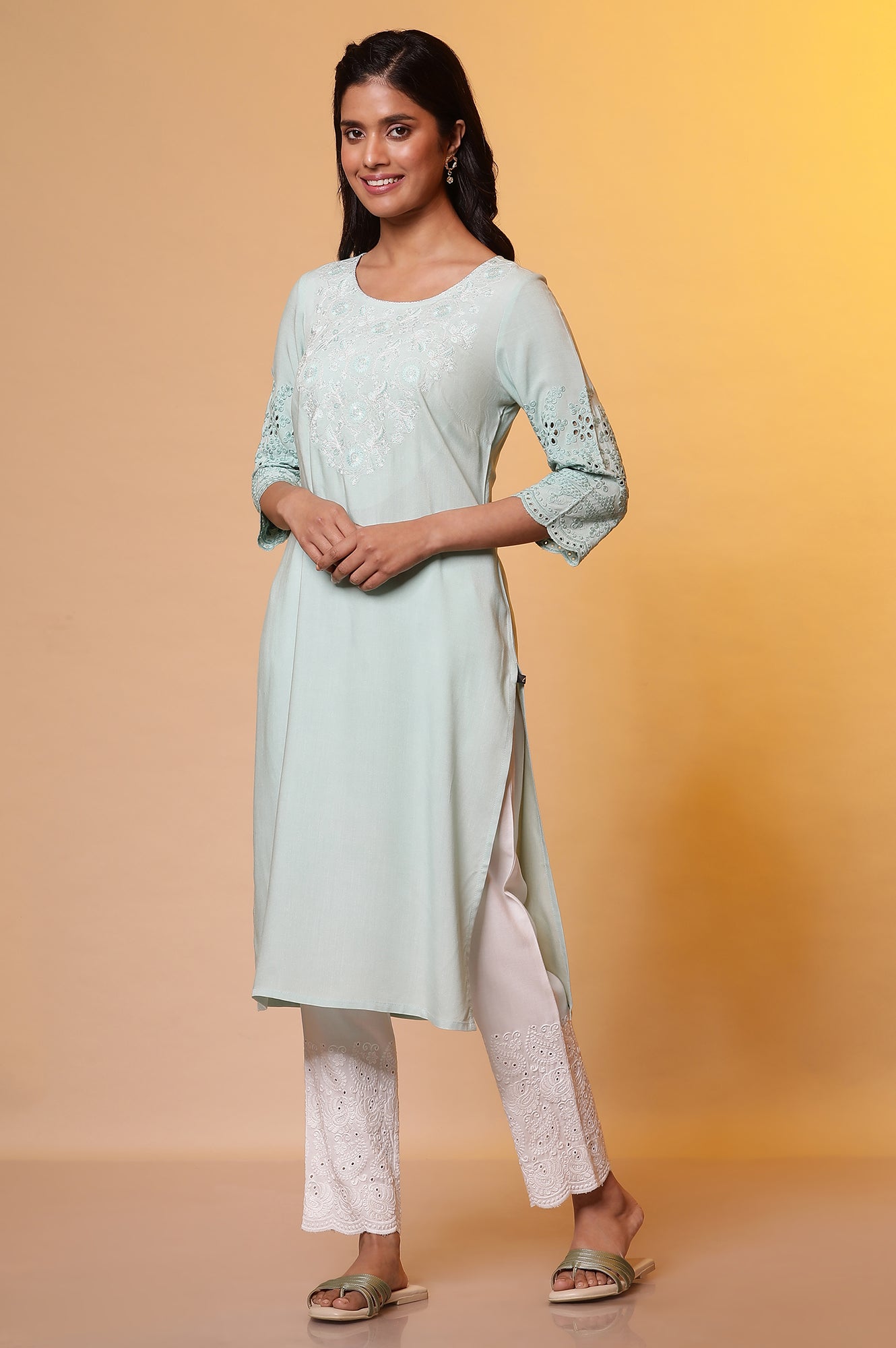 Mint Blue Embroidered Yoke Kurta