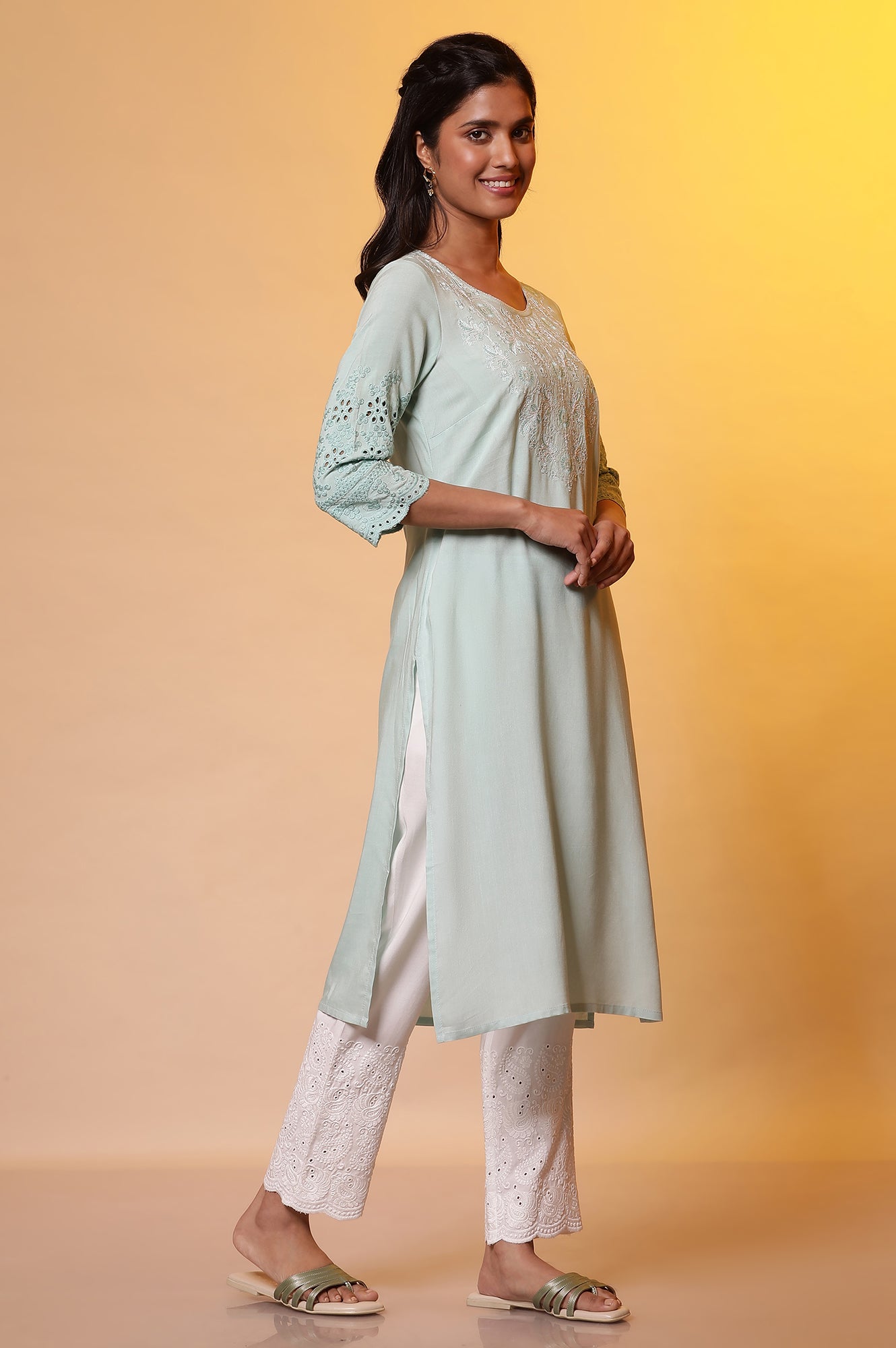 Mint Blue Embroidered Yoke Kurta