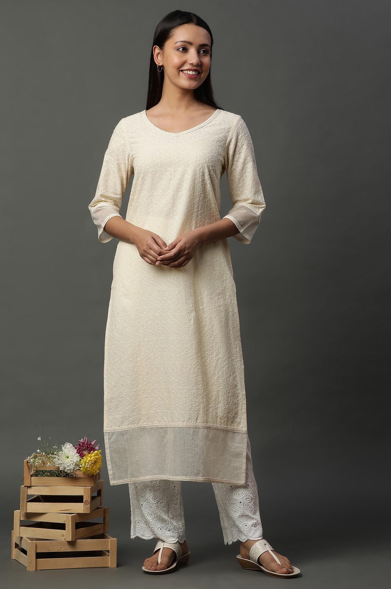 Yellow Embroidered Schiffli Kurta