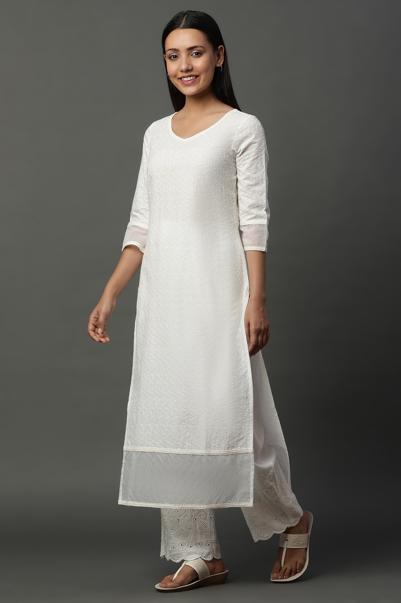 White Embroidered Schiffli Kurta