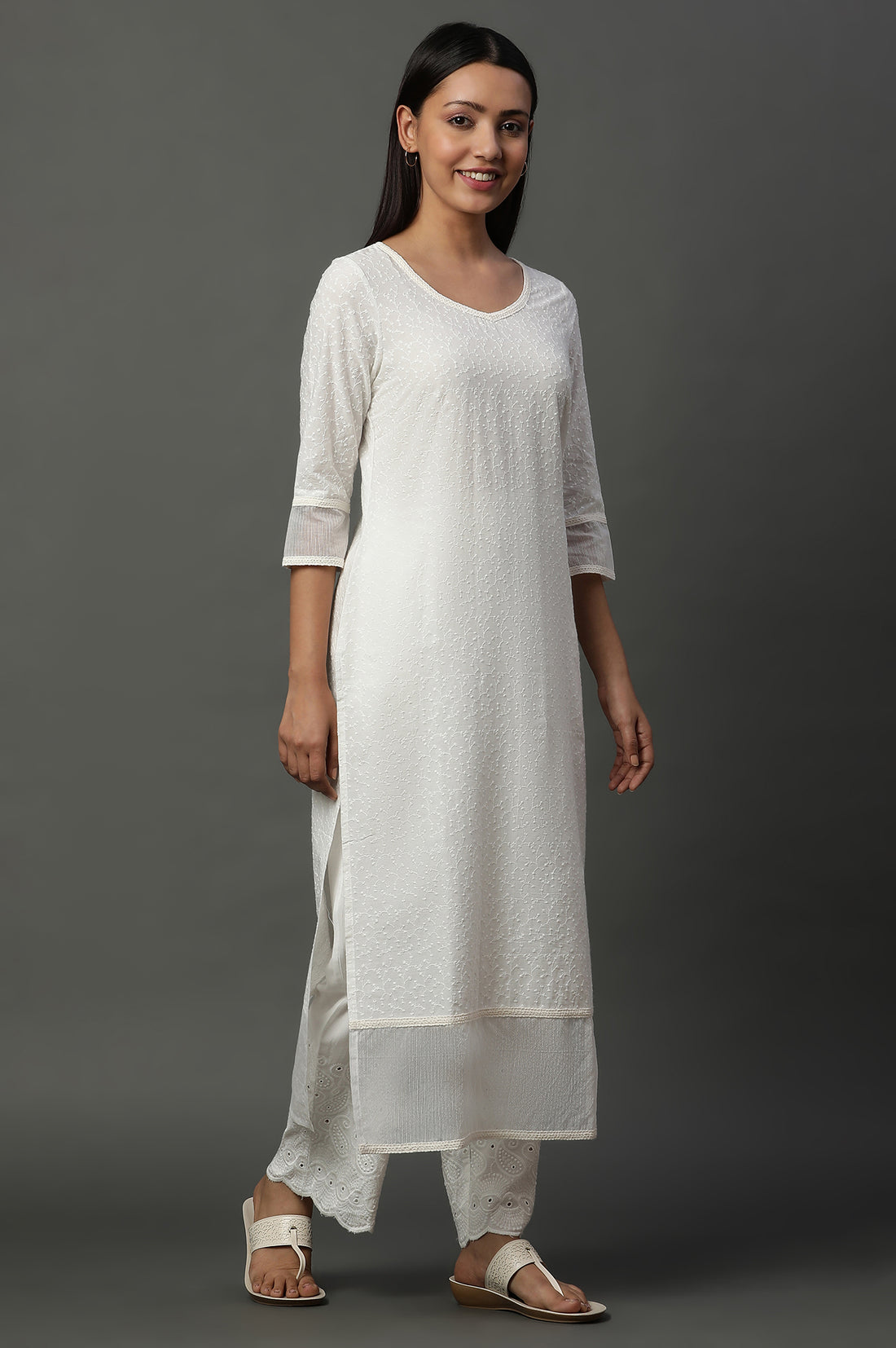 White Embroidered Schiffli Kurta