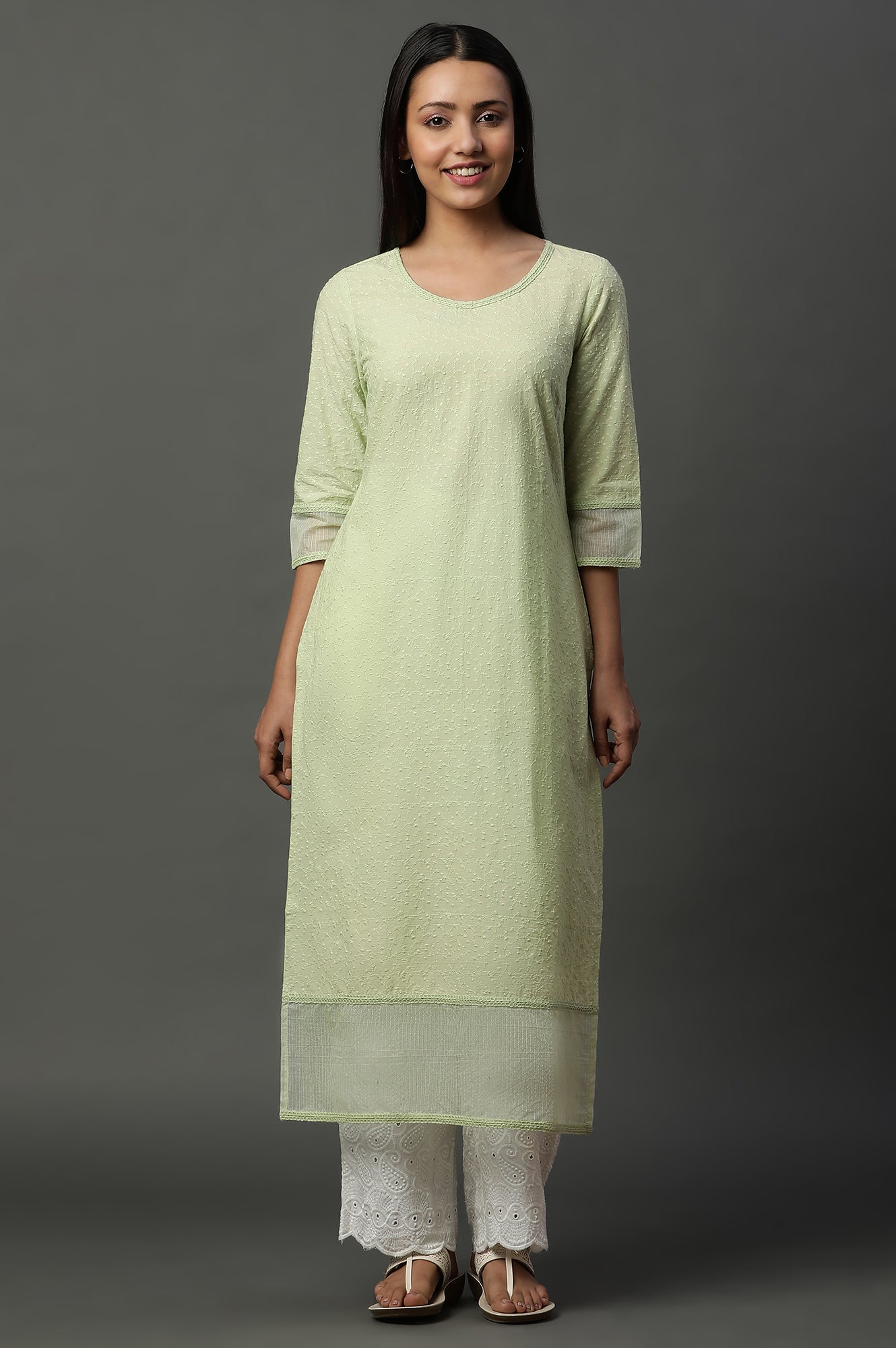 Green Embroidered Schiffli Kurta