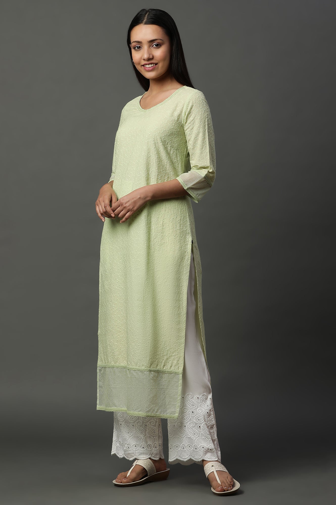 Green Embroidered Schiffli Kurta