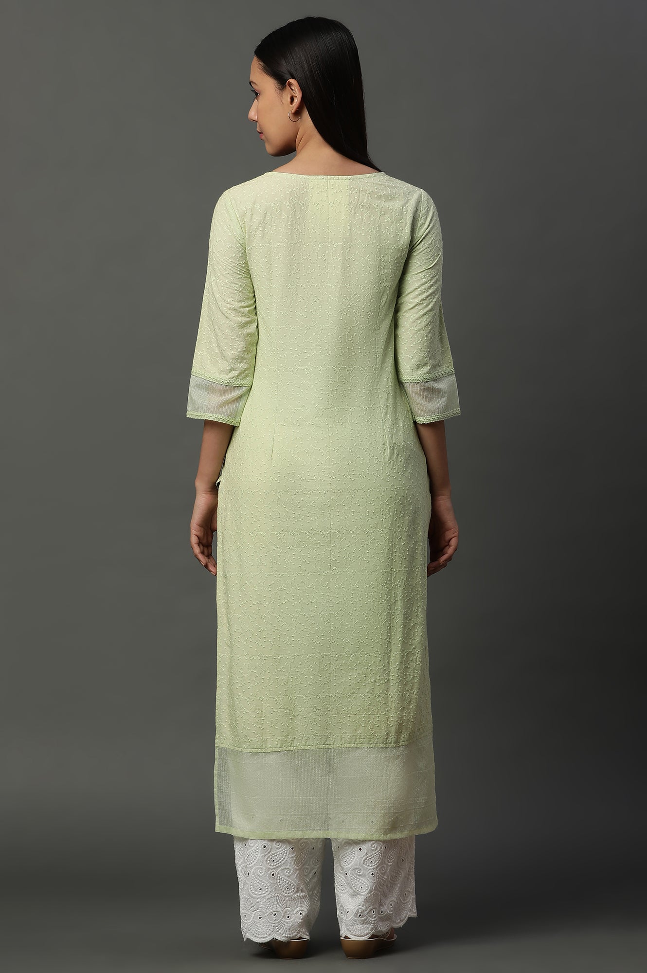 Green Embroidered Schiffli Kurta