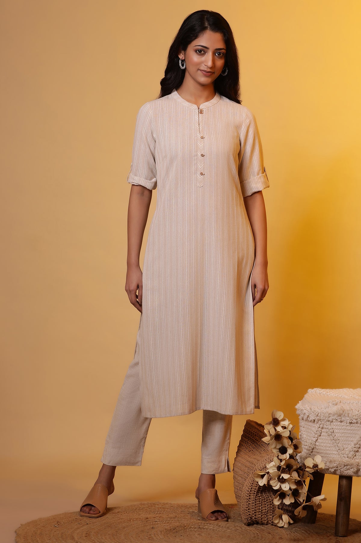 Biege Yarn-Dyed Striped Kurta - XS