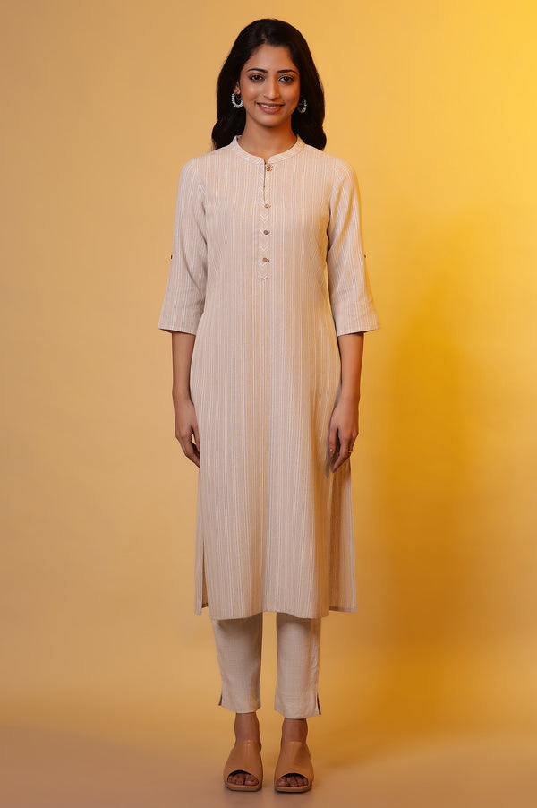Biege Yarn-Dyed Striped Kurta