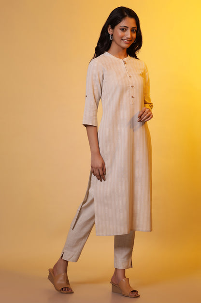 Biege Yarn-Dyed Striped Kurta