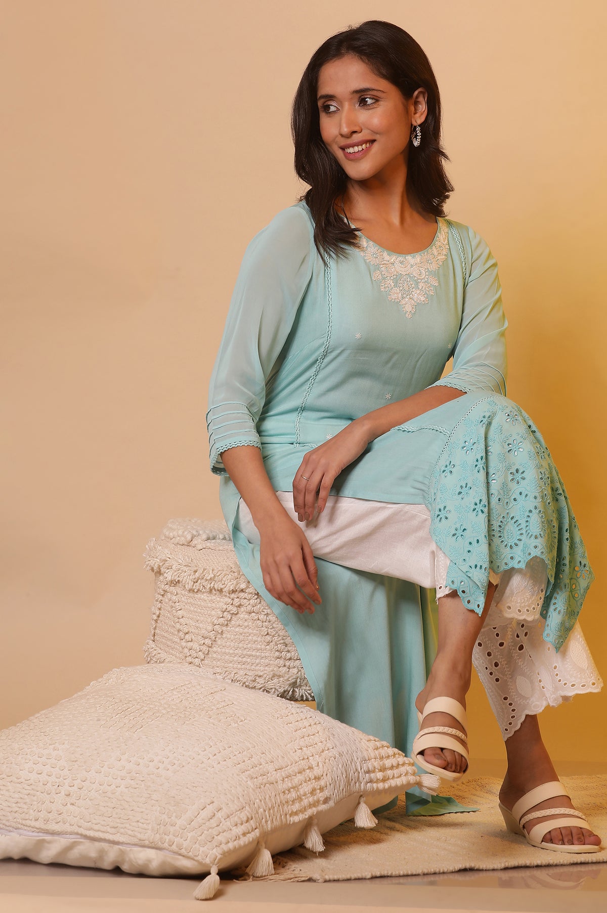 Blue Embroidered Straight Rayon Kurta - XS